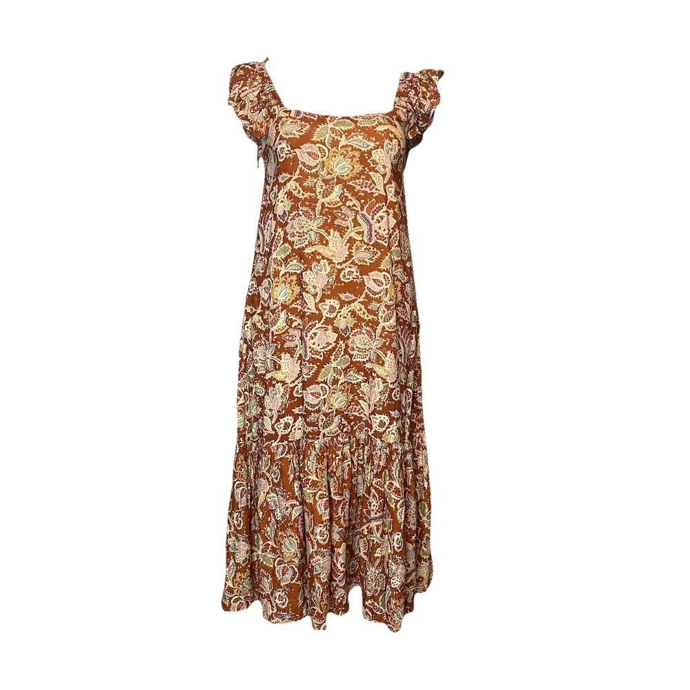 House Of Harlow Women's Maxi Tiered Ruffle Dress Sz M Rust Floral Flutter Sleeve